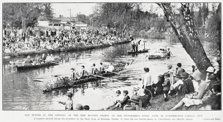 Gay scenes at the opening of the new boating season on the picturesque River Avon in Canterbury's capital city, 1931