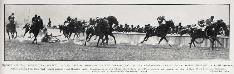 Serious Accident During The Running of the Linwood Handicap on the Opening Day of the Canterbury Jockey Club's Spring Meeting At Christchurch, 1931