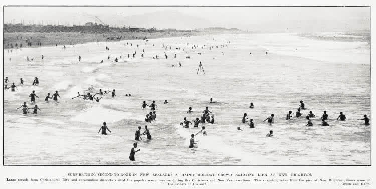 Surf-bathing second to none in New Zealand: a happy holiday crowd enjoying life at New Brighton, 1932
