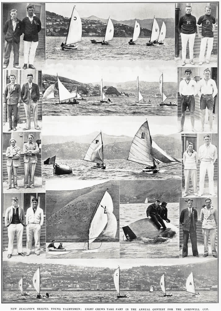 New Zealand's skilful young yachtsmen: eight crews take part in the annual contest for the Cornwell Cup, 1932