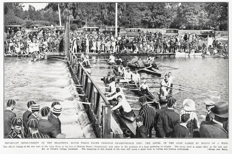 Important improvement on the beautiful river which flows through Christchurch city: the level of the Avon raised by means of a weir, 1932
