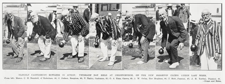 Elderly canterbury bowlers in action: veterans' day held at Christchurch, on the New Brighton club's green last week, 1932