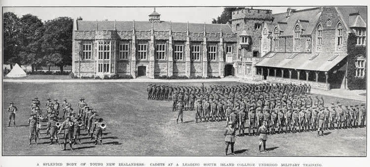 A splendid body of young New Zealanders: cadets at a leading South Island College undergo military training, 1932