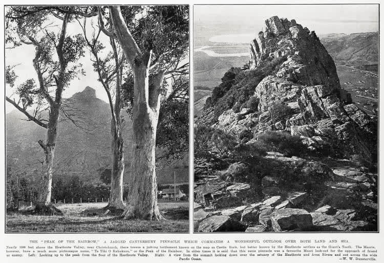 The 'peak of the rainbow,' a jagged canterbury pinnacle which commands a wonderful outlook over both land and sea, 1932
