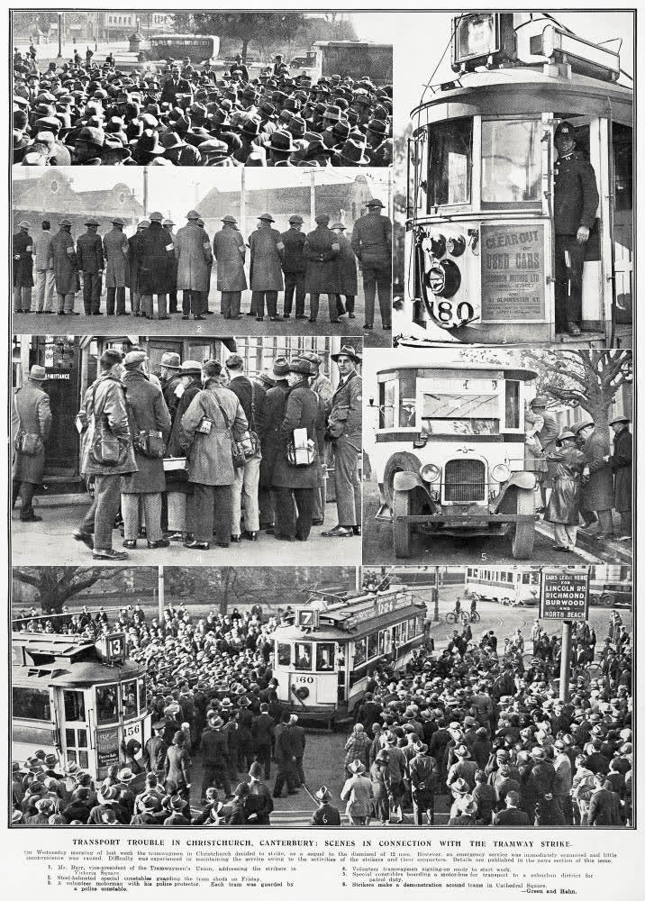 Transport trouble in Christchurch, Canterbury: scenes in connection with the tramway strike, 1932