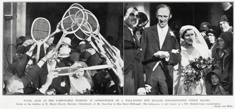 Novel arch at the fashionable wedding in Christchurch of a well-known New Zealand representative tennis player, 1932