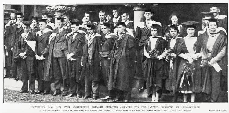 University days now over: canterbury college students assemble for the capping ceremony in Christchurch, 1932