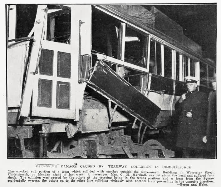 Extensive damage caused by tramway collision in Christchurch, 1932