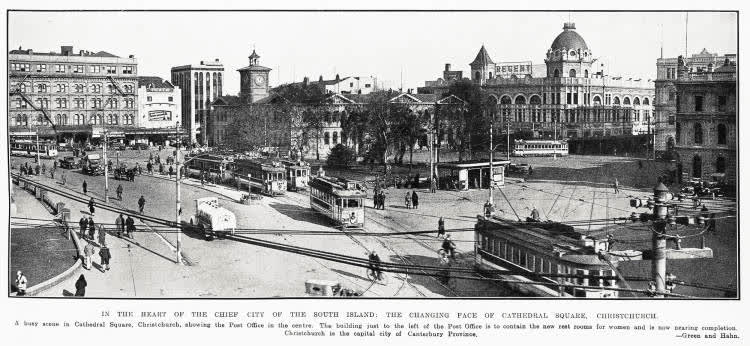 In the heart of the chief city of the South Island: the changing face of Cathedral Square, Christchurch, 1932