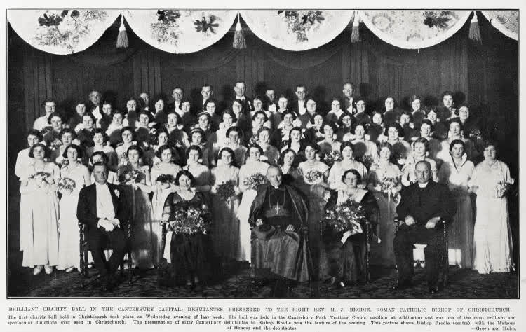 Brilliant charity ball in the Canterbury capital: debutantes presented to the right Rev. M. J. Brodie, Roman Catholic bishop of Christchurch, 1932