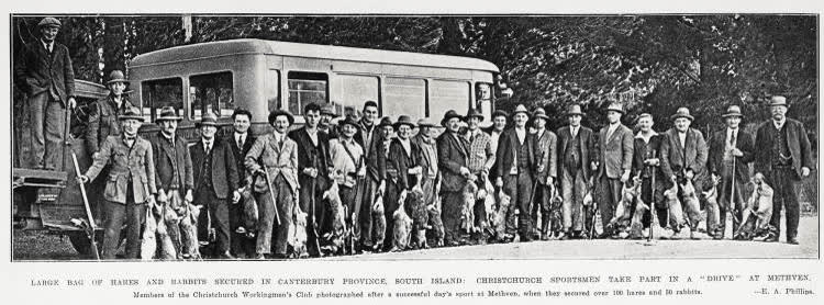 Large bag of hares and rabbits secured in Canterbury province, South Island: Christchurch sportsmen take part in a 'drive' at Methven, 1932