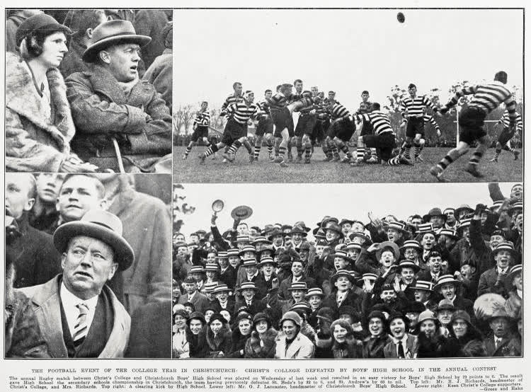 The football event of the college year in Christchurch: Christ's College defeated by boy's high school in the annual contest, 1932