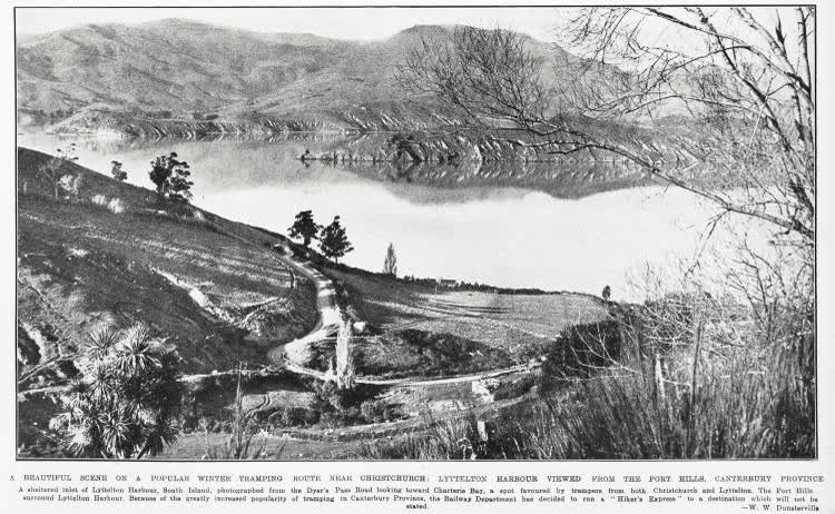 A beautiful scene on a popular winter tramping route near Christchurch: Lyttelton Harbour viewed from the port hills, Canterbury Province, 1932