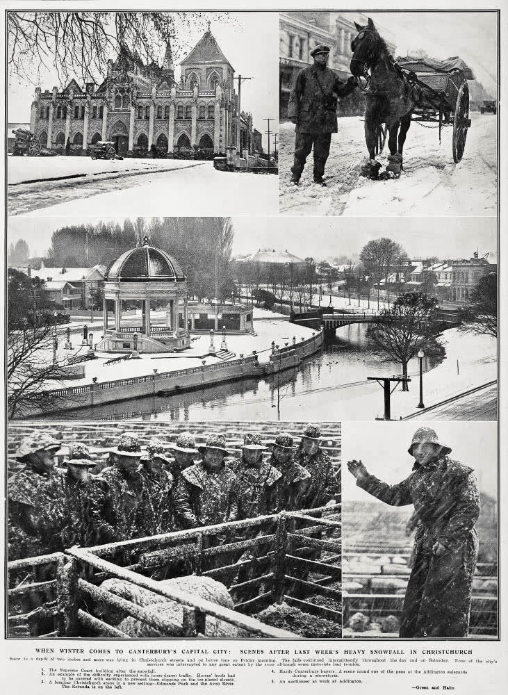 When winter comes to canterbury's capital city: scenes after last week's heavy snowfall in Christchurch, 1932