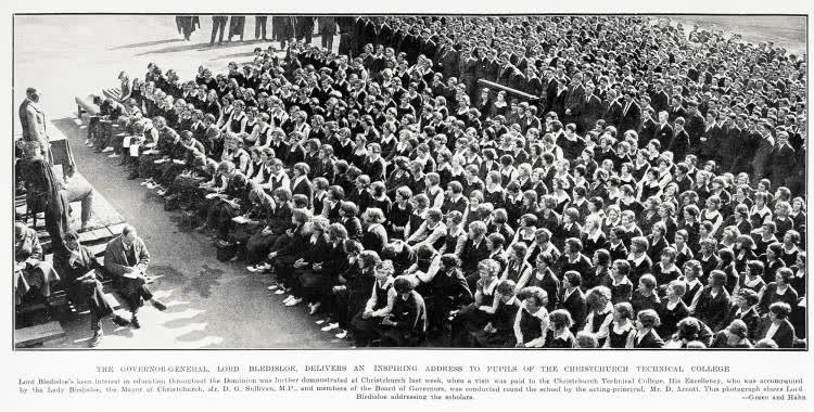 The Governor General Lord Bledisloe, delivers an inspiring address to pupils of the Christchurch Technical College, 1932