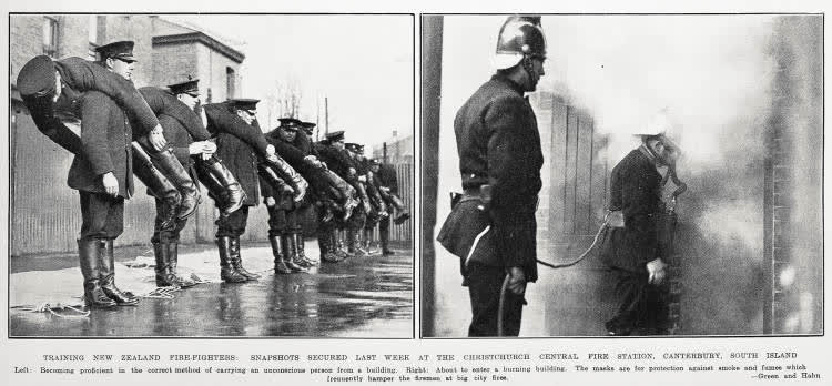 Training New Zealand fire-fighters: snapshots secured last week at the Christchurch Central fire station, Canterbury, South Island, 1932