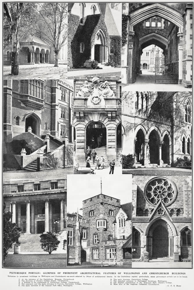 Picturesque portals: glimpses of prominent architectural features of Wellington and Christchurch buildings, 1932