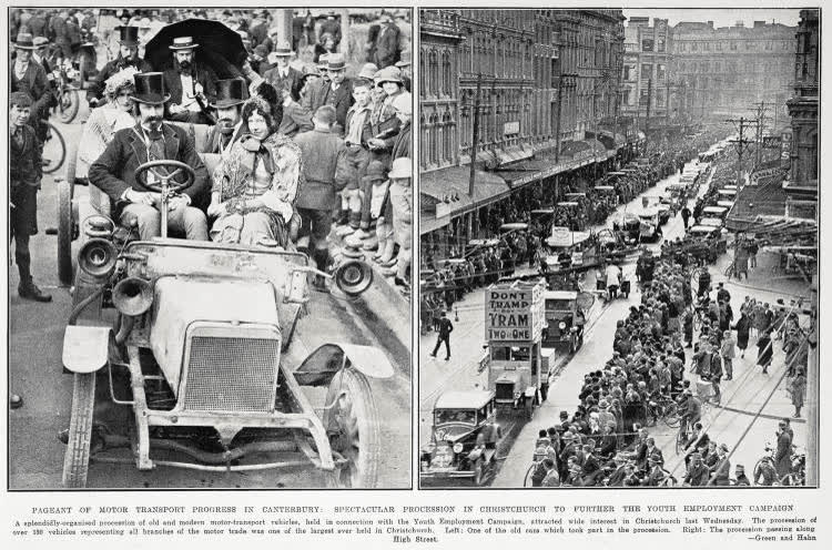 Pageant of motor transport progress in Canterbury: spectacular procession in Christchurch to further the youth employment campaign, 1932