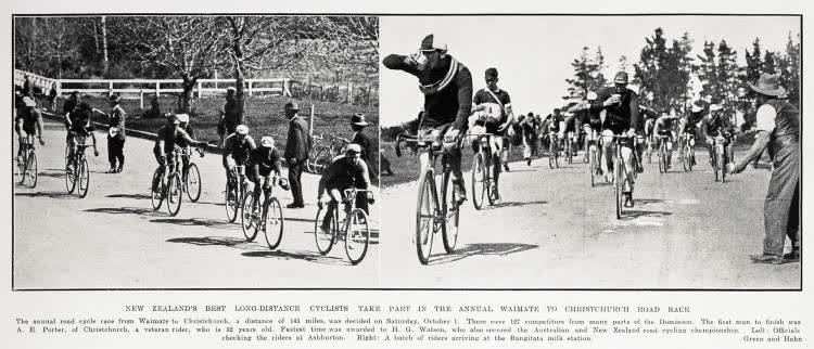 New Zealand's best long-distance cyclists take part in the annual Waimate to Christchurch road race, 1932
