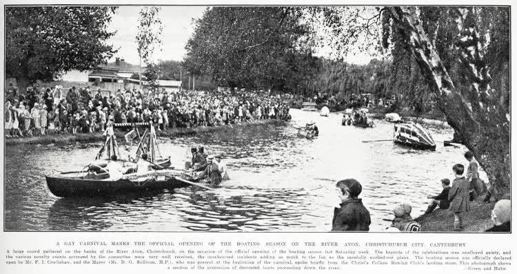 A gay carnival marks the official opening of the boating season on the river Avon, Christchurch City, Canterbury, 1932