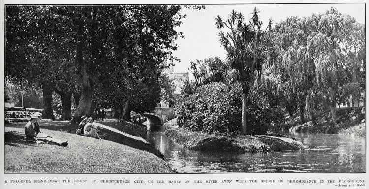 A peaceful scene near the hearty of Christchurch city; on the banks of river Avon with the bridge of remembrance in the background, 1932