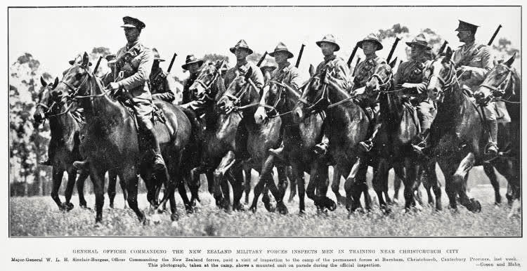 General officer commanding the New Zealand military forces inspects men in training near Christchurch city, 1932