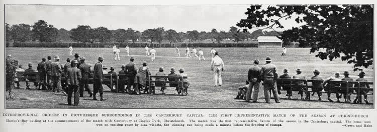 Interprovincial cricket in picturesque surroundings in the canterbury capital: the first representative match of the season at Christchurch, 1932