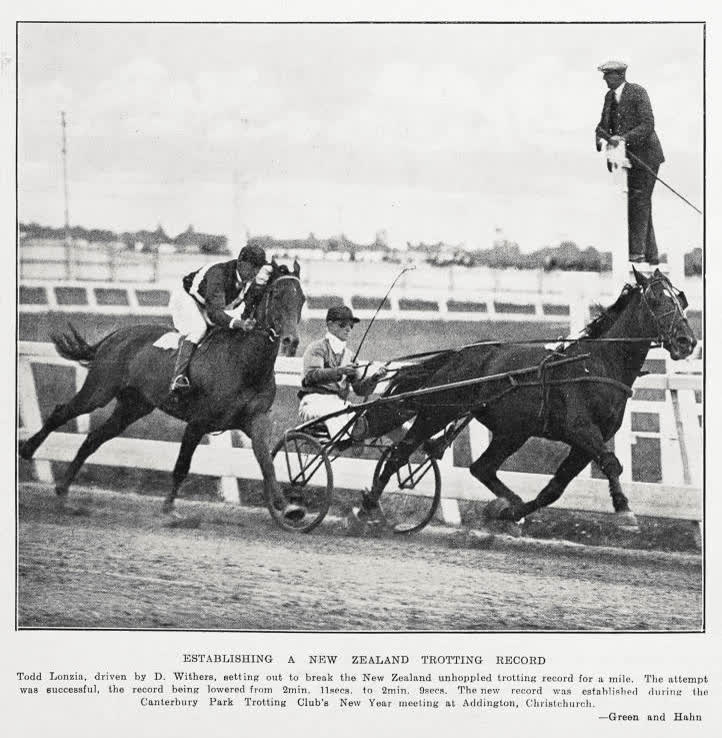 Establishing a New Zealand trotting record, 1933
