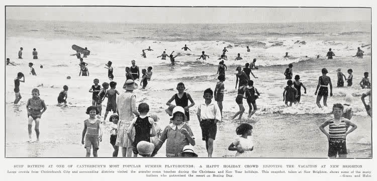 Surf bathing at one of Canterbury's most popular summer playgrounds: a happy holiday crowd enjoying the vacation at New Brighton, 1933