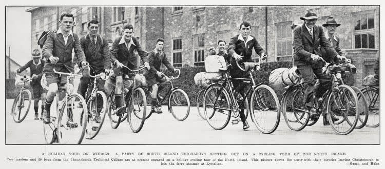 A holiday tour on wheels: a party of South Island schoolboys setting out on a cyclic tour of the North Island, 1933