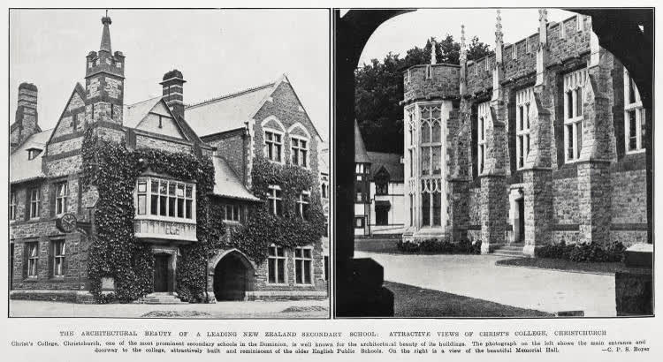 The architectural beauty of a leading New Zealand secondary school: attractive views of Christ's College, Christchurch, 1933