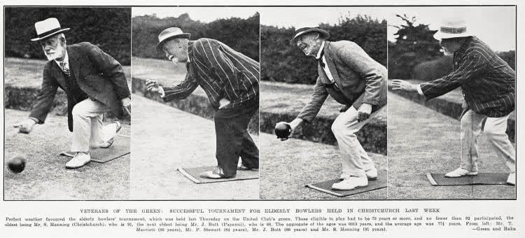 Veterans of the green: successful tournament for elderly bowlers held in Christchurch last week, 1933