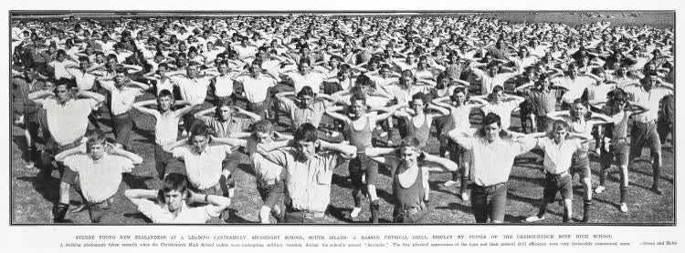 A massed physical drill display by pupils of the Christchurch Boys' High School, 1933