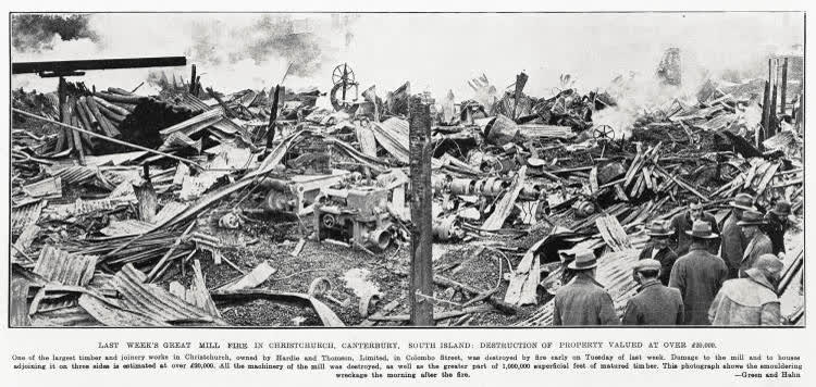 Last week's great mill fire in Christchurch, Canterbury, South Island destruction of property valued at over 20,000 pounds, 1933
