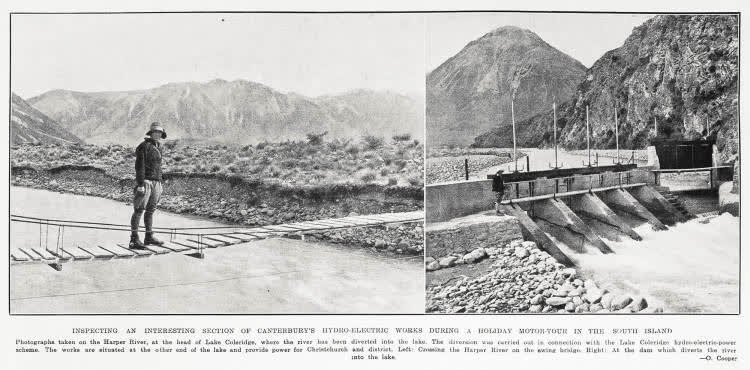Inspecting an interesting section of Canterbury's hydro-electric works during a holiday motor-tour in the South Island, 1933