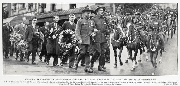 Honouring the memory of their former comrades: returned soldiers in the ANZAC day parade in Christchurch, 1933