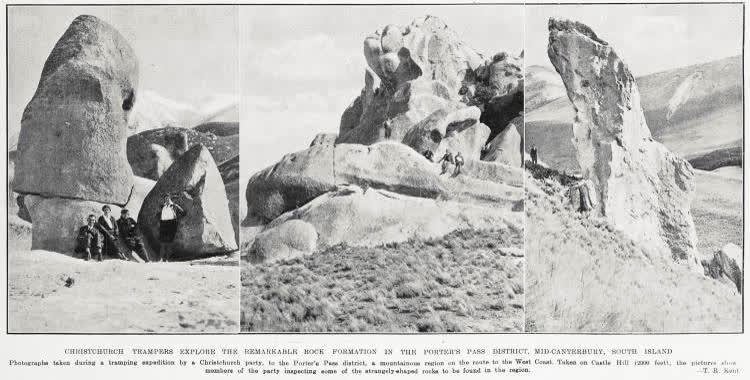 Christchurch trampers explore the remarkable rock formation in the Porter's Pass district, mid-Canterbury, South Island, 1933