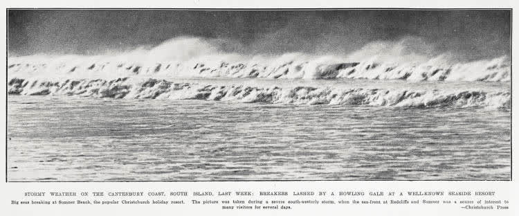 Stormy weather on the Canterbury Coast, South Island, last week: breakers lashed by a howling gale at a well-known seaside resort, 1933