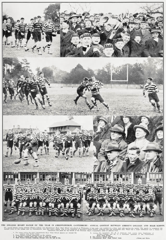 The college rugby match of the year in Christchurch, Canterbury: Annual contest between Christ's College and Christchurch Boys High school, 1933