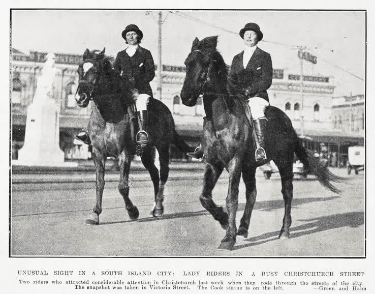 Unusual sight in a South Island city: lady riders in a busy Christchurch street, 1933