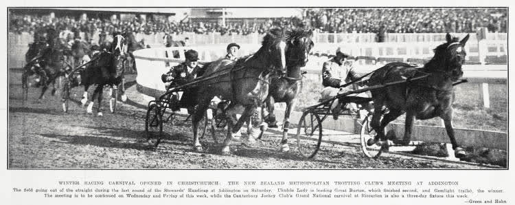 Winter racing carnival opened in Christchurch: the New Zealand Metropolitan Trotting club's meeting at Addington, 1933