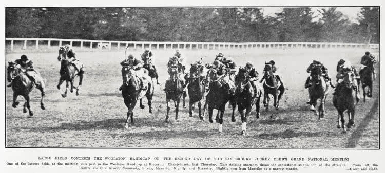 Large field contests the Woolston Handicap on the second day of the Canterbury Jockey Club's grand national meeting, 1933