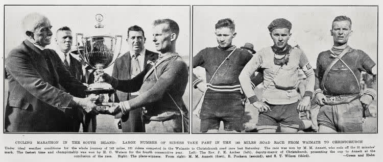 Cycling marathon in the South Island: large number of riders take part in the 148 miles road race from Waimate to Christchurch, 1933