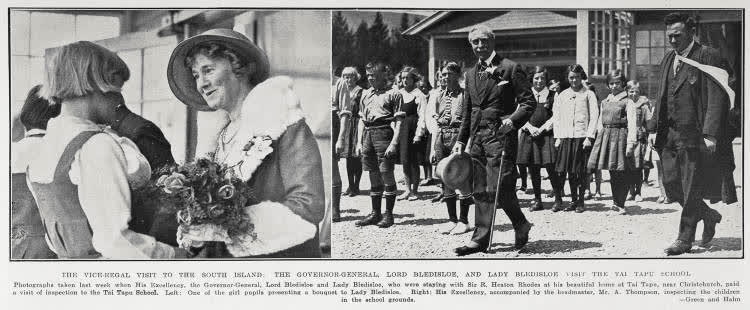The vice-regal visit to the South Island: the Governor General, Lord Bledisloe, and Lady Bledisloe visit the Tai Tapu School, 1933