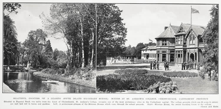 Beautiful grounds of a leading South Island secondary school: scenes at St. Andrew's College, Christchurch, Canterbury province, 1933