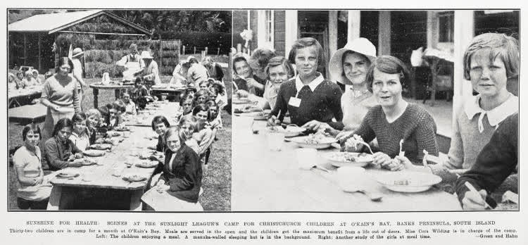 Sunshine for health: scenes at the Sunlight League's Camp for Christchurch children at O'Kain's Bay, Banks Peninsula, South Island, 1934