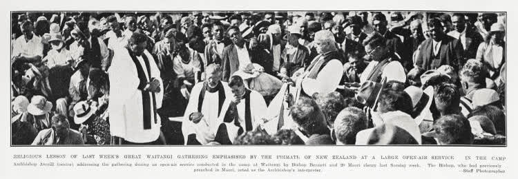 Religious lesson of last week's great Waitangi gathering emphasised by the primate of New Zealand at a large open-air service in the camp, 1934