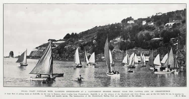 Small craft popular with yachting enthusiasts at a Canterbury seaside resort near the capital city of Christchurch, 1934