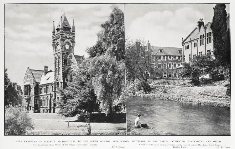 Fine example of college architecture in the South Island: well-known buildings in the capital cities of Canterbury and Otago, 1934