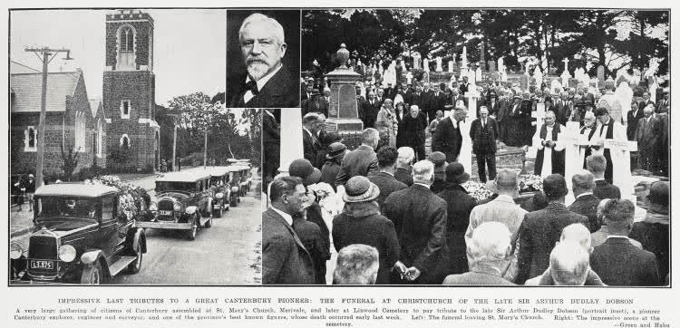 Impressive last tributes to a great Canterbury pioneer: the funeral at Christchurch of the late Sir Arthur Dudley Dobson, 1934